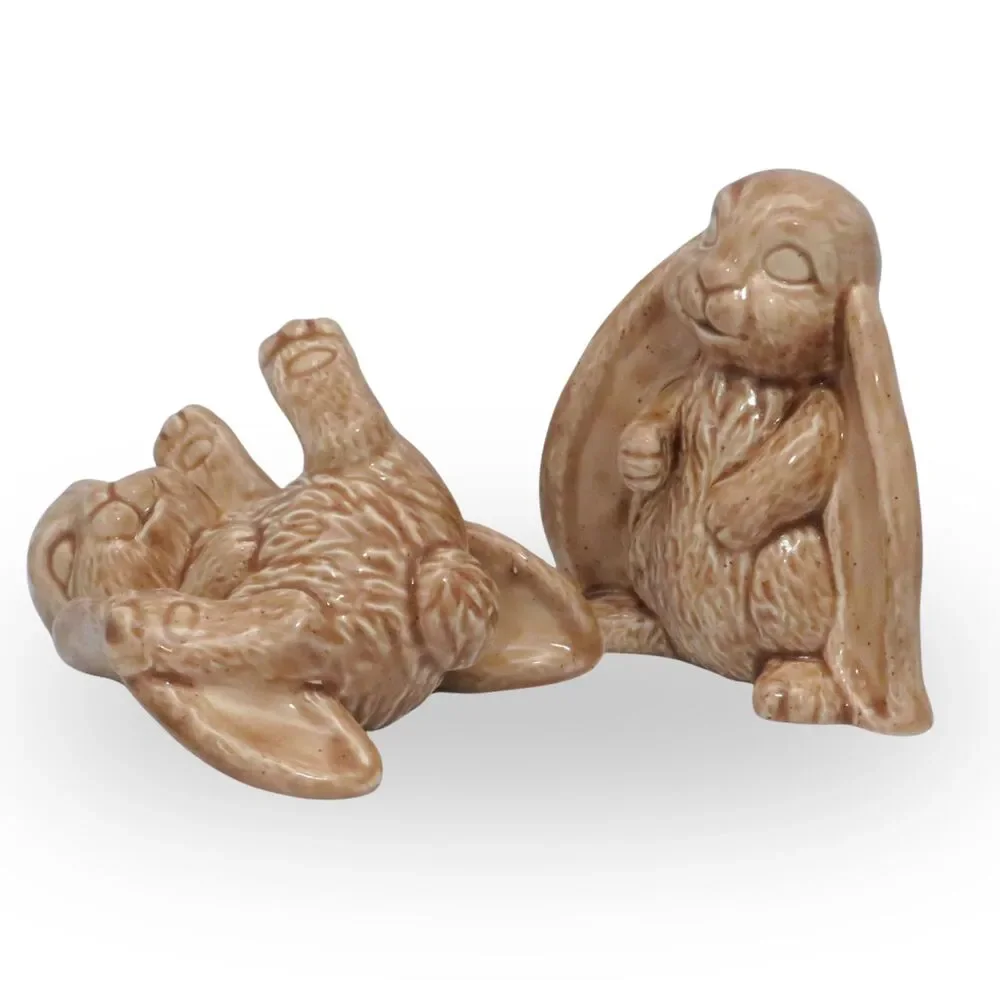 Handmade Ceramic Bunny Figurines Tan Glossy Finish Set of 2